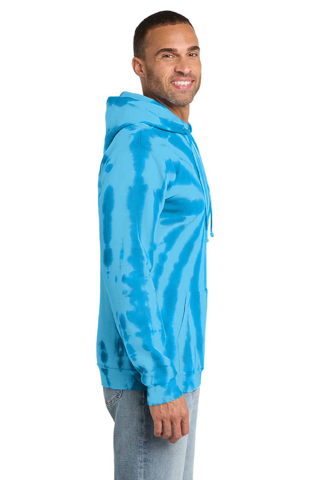 Port & Company PC146 Mens Tie-Dye Fleece Hooded Sweatshirt Hoodie w/ Pouch Pocket Turquoise Blue Model Side