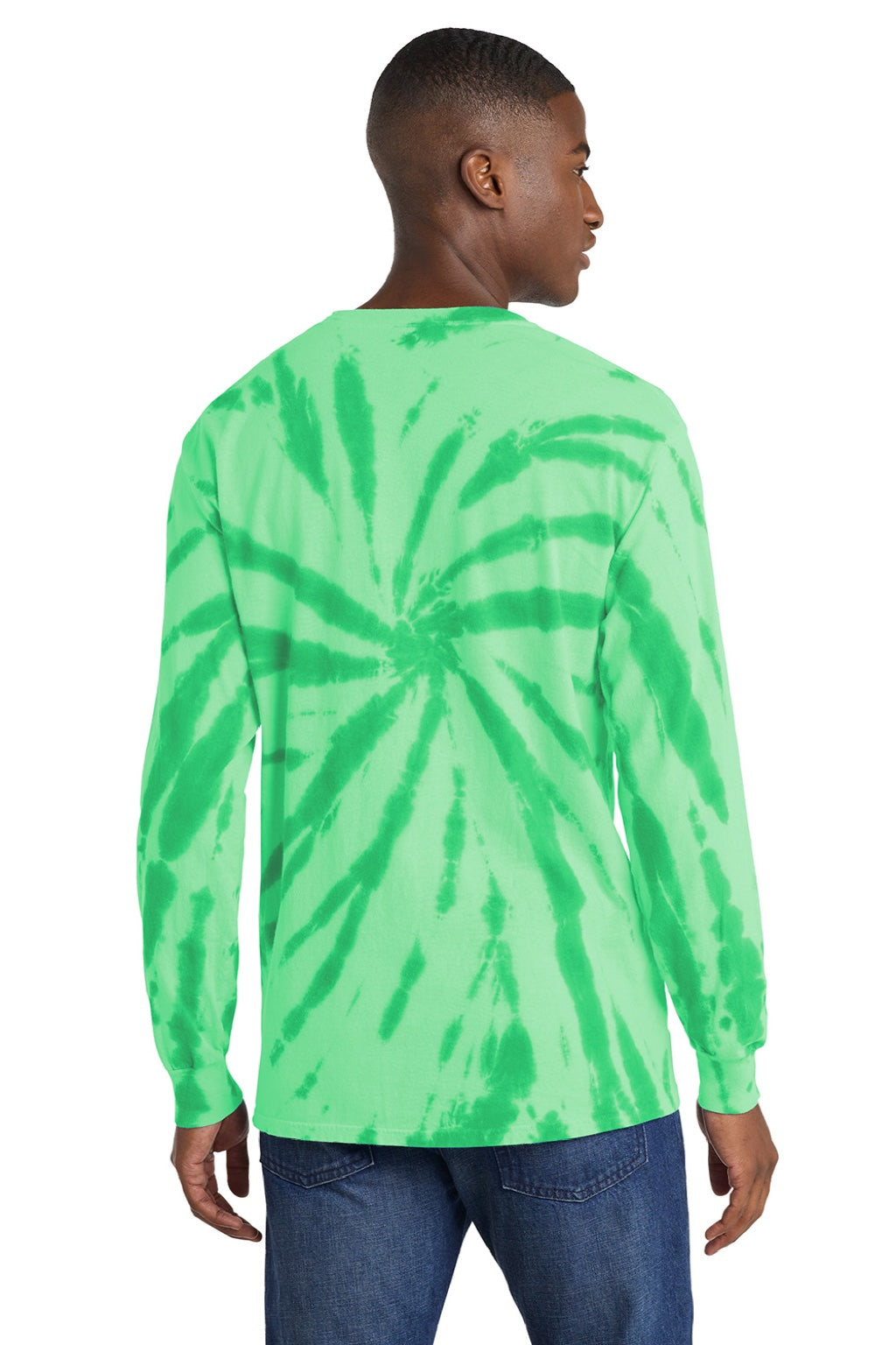 Port & Company PC147LS Mens Tie-Dye Long Sleeve Crewneck T-Shirt Kelly Green Model Back