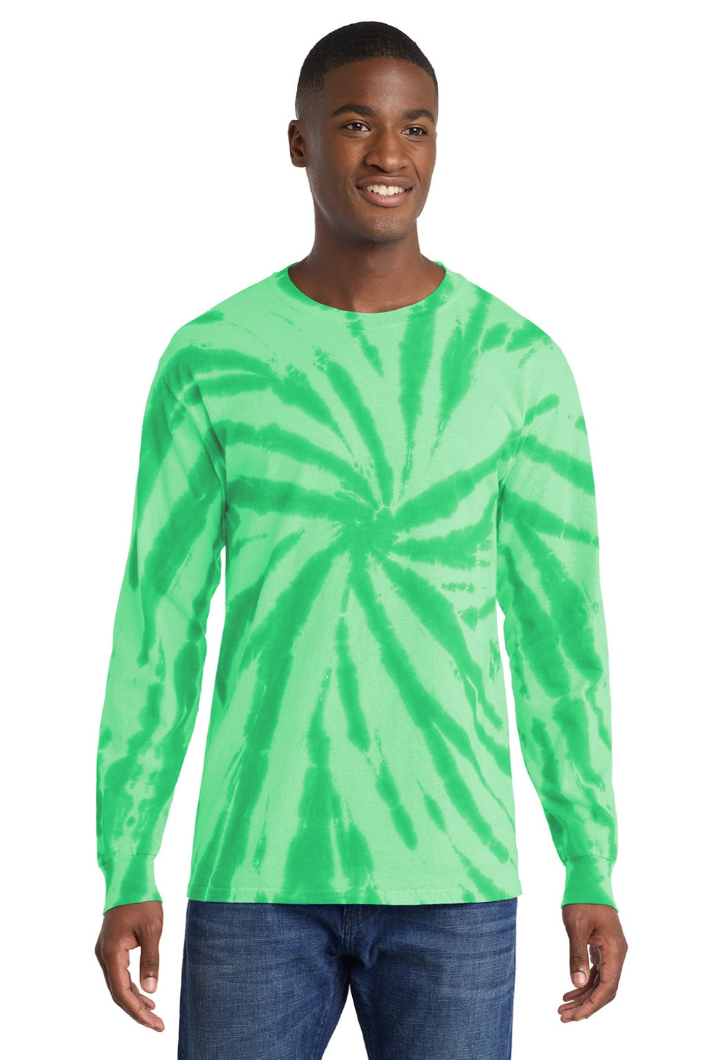 Port & Company PC147LS Mens Tie-Dye Long Sleeve Crewneck T-Shirt Kelly Green Model Front
