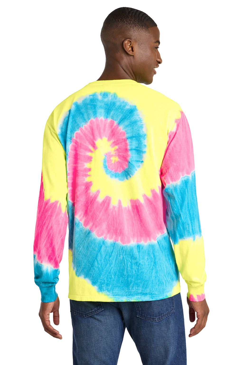 Port & Company PC147LS Mens Tie-Dye Long Sleeve Crewneck T-Shirt Neon Rainbow Model Back