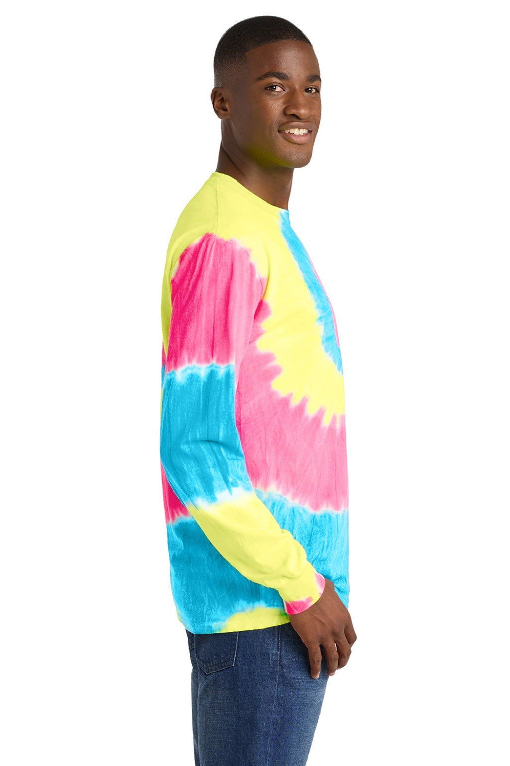 Port & Company PC147LS Mens Tie-Dye Long Sleeve Crewneck T-Shirt Neon Rainbow Model Side