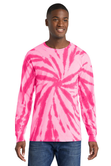 Port & Company PC147LS Mens Tie-Dye Long Sleeve Crewneck T-Shirt Pink Model Front