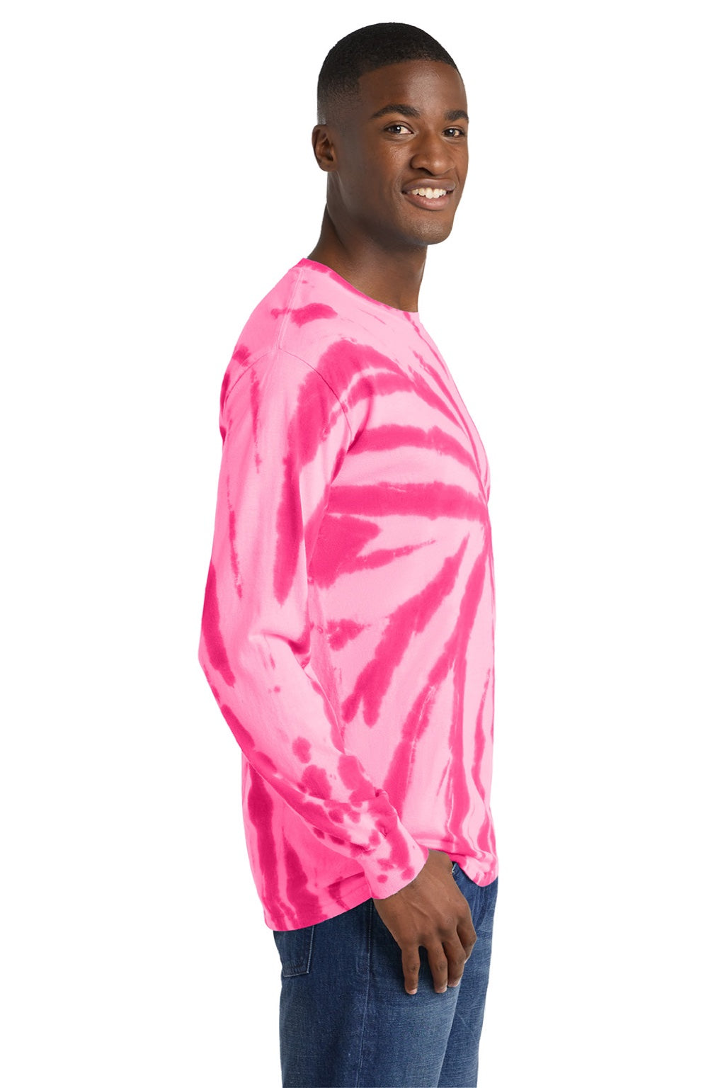 Port & Company PC147LS Mens Tie-Dye Long Sleeve Crewneck T-Shirt Pink Model Side