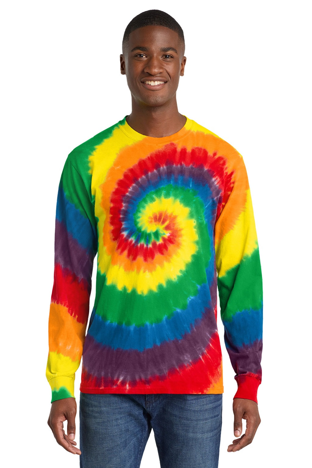 Port & Company PC147LS Mens Tie-Dye Long Sleeve Crewneck T-Shirt Rainbow Model Front