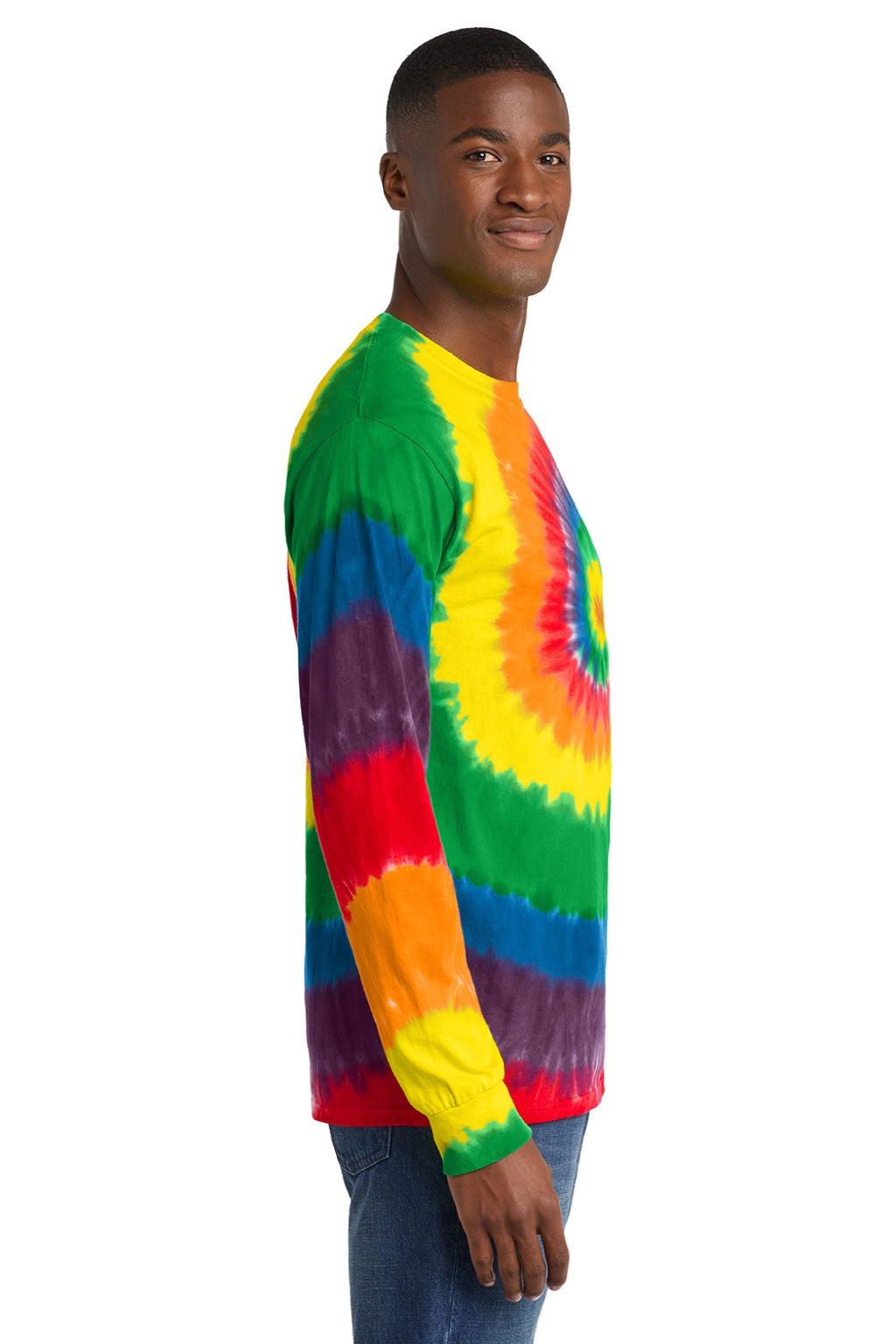 Port & Company PC147LS Mens Tie-Dye Long Sleeve Crewneck T-Shirt Rainbow Model Side