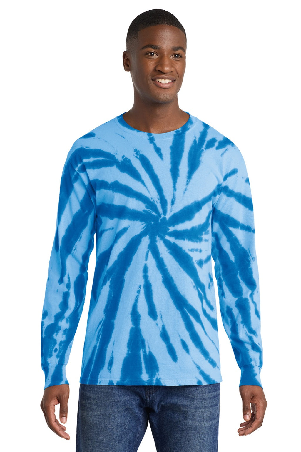 Port & Company PC147LS Mens Tie-Dye Long Sleeve Crewneck T-Shirt Royal Blue Model Front
