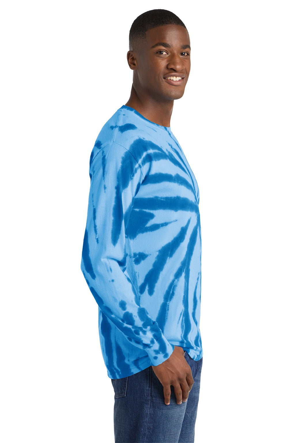 Port & Company PC147LS Mens Tie-Dye Long Sleeve Crewneck T-Shirt Royal Blue Model Side