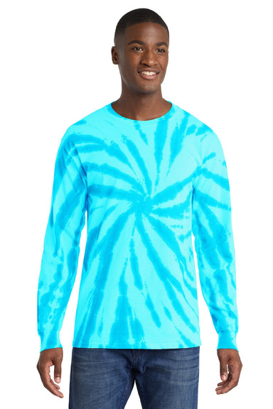 Port & Company PC147LS Mens Tie-Dye Long Sleeve Crewneck T-Shirt Turquoise Blue Model Front