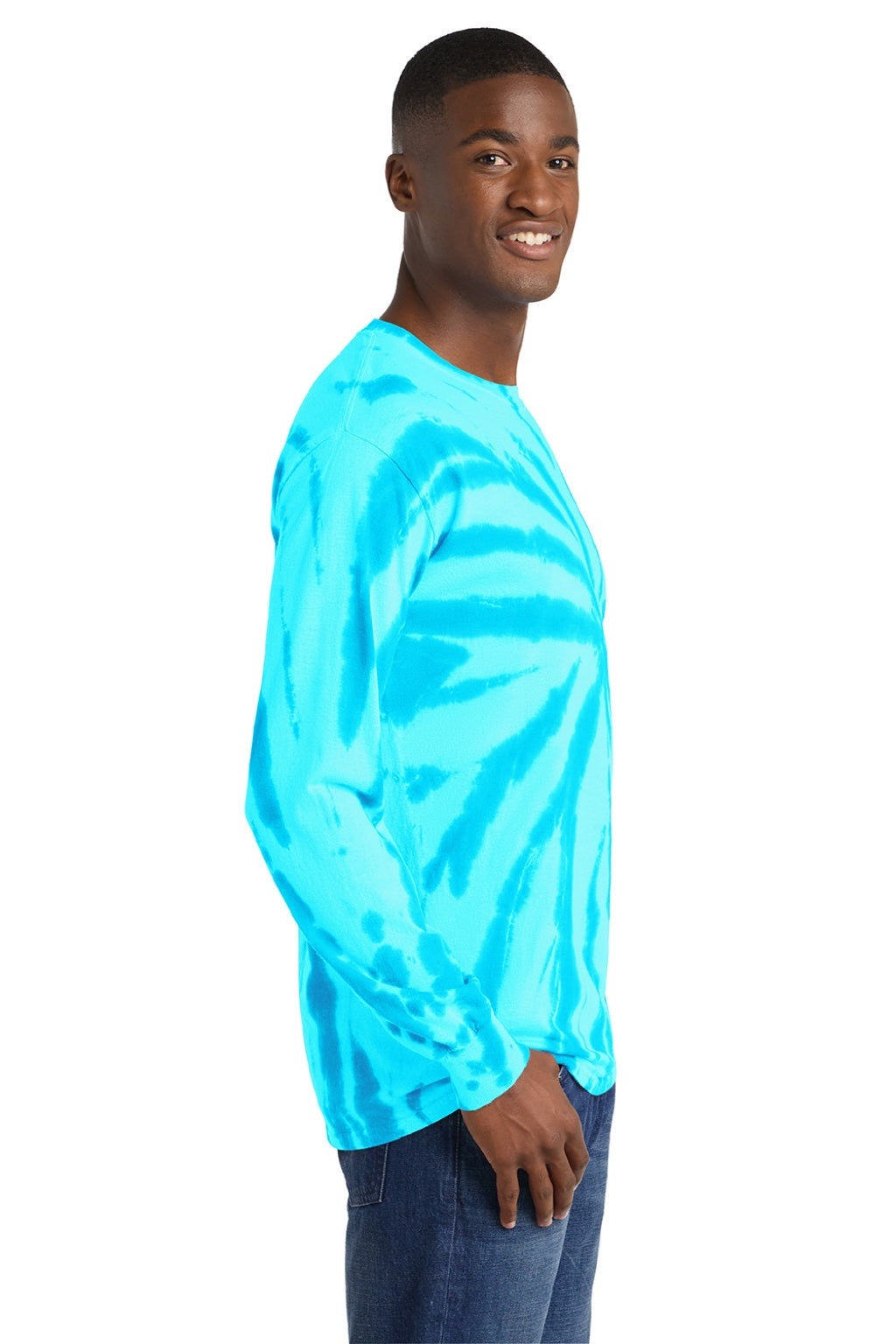 Port & Company PC147LS Mens Tie-Dye Long Sleeve Crewneck T-Shirt Turquoise Blue Model Side