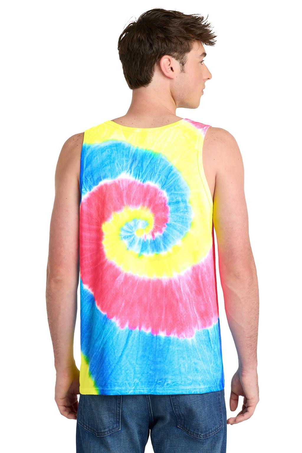 Port & Company PC147TT Mens Tie-Dye Tank Top Neon Rainbow Model Back