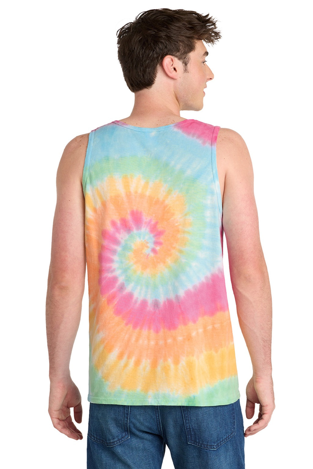 Port & Company PC147TT Mens Tie-Dye Tank Top Pastel Rainbow Model Back