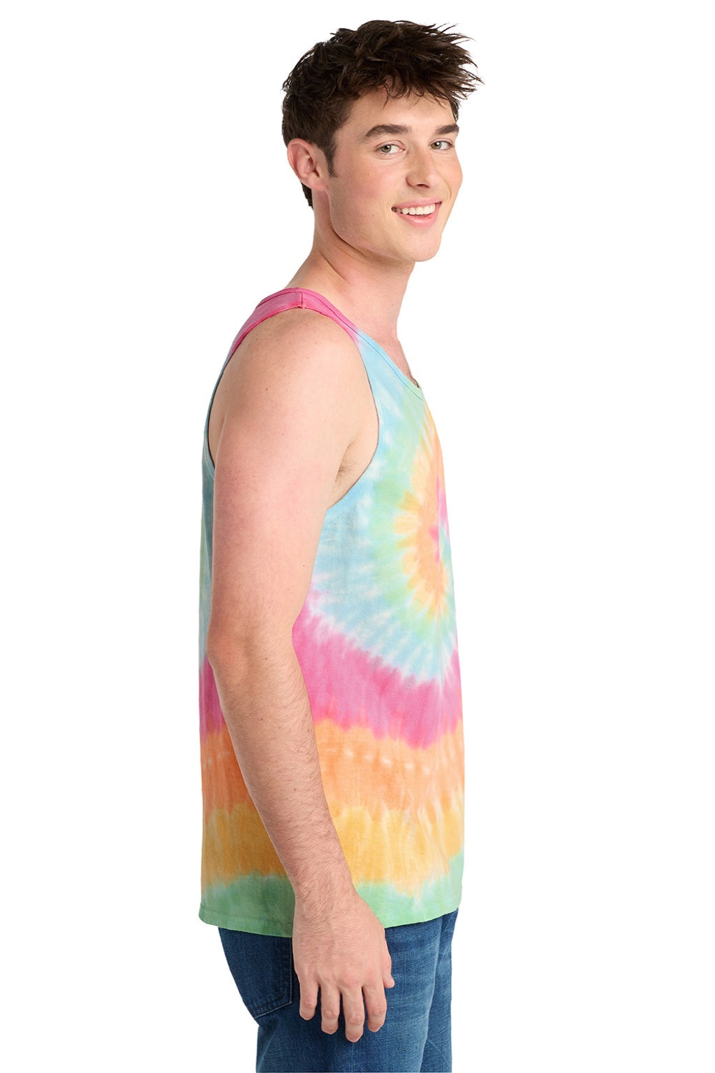 Port & Company PC147TT Mens Tie-Dye Tank Top Pastel Rainbow Model Side