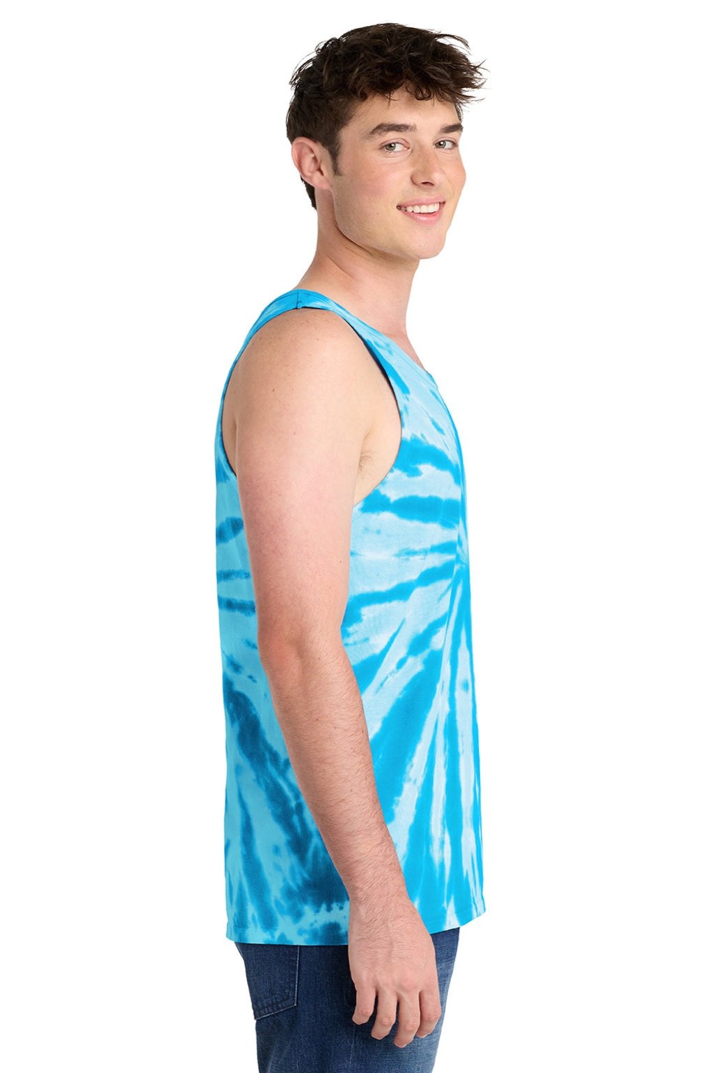 Port & Company PC147TT Mens Tie-Dye Tank Top Turquoise Blue Model Side