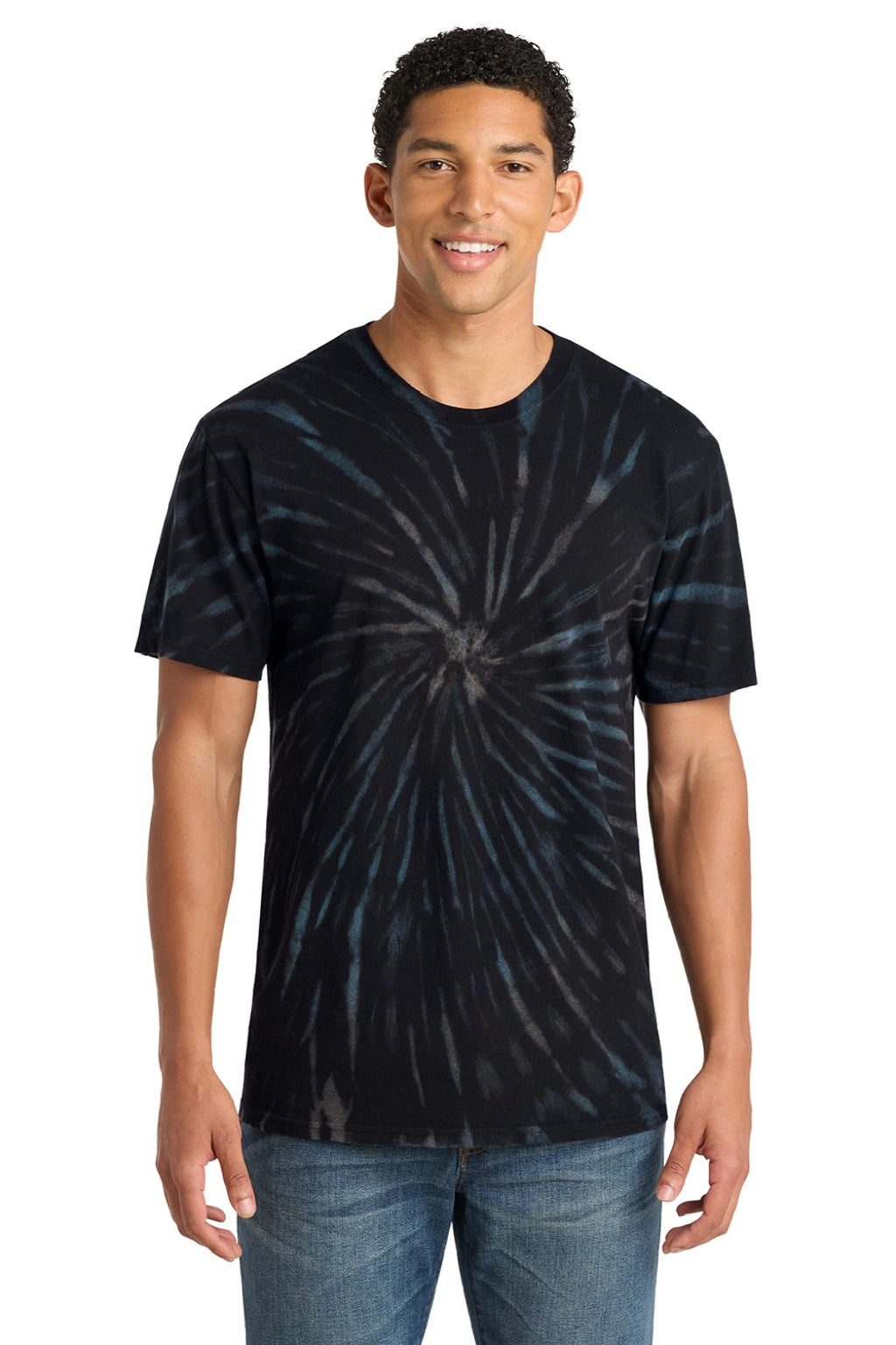 Port & Company PC147 Mens Tie-Dye Short Sleeve Crewneck T-Shirt Black Galaxy Spiral Model Front