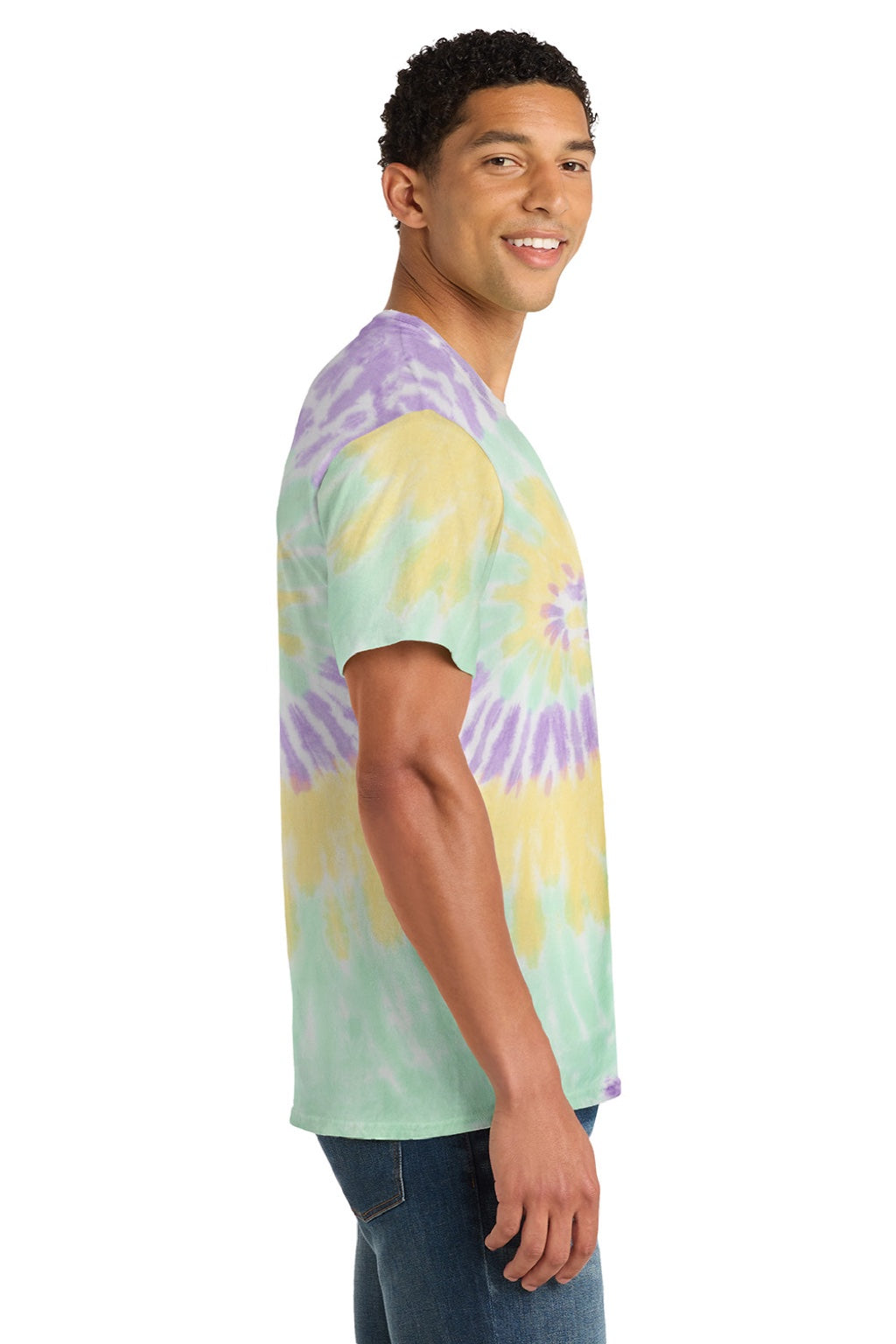 Port & Company PC147 Mens Tie-Dye Short Sleeve Crewneck T-Shirt Mint Rainbow Model Side
