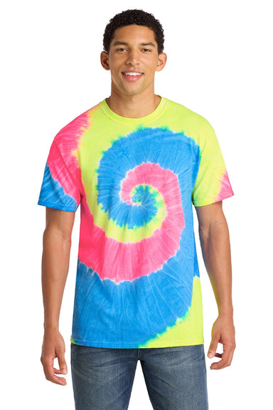 Port & Company PC147 Mens Tie-Dye Short Sleeve Crewneck T-Shirt Neon Rainbow Model Front
