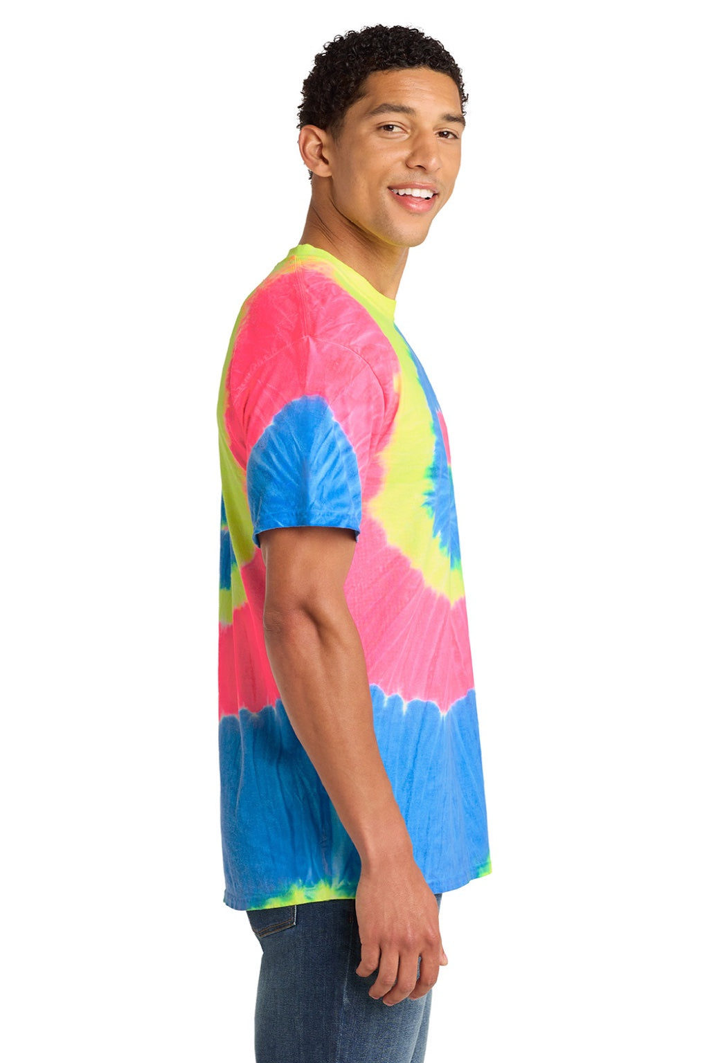 Port & Company PC147 Mens Tie-Dye Short Sleeve Crewneck T-Shirt Neon Rainbow Model Side