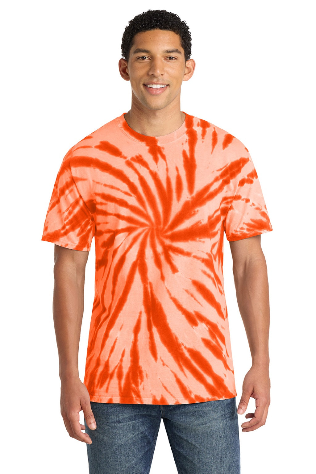 Port & Company PC147 Mens Tie-Dye Short Sleeve Crewneck T-Shirt Orange Model Front