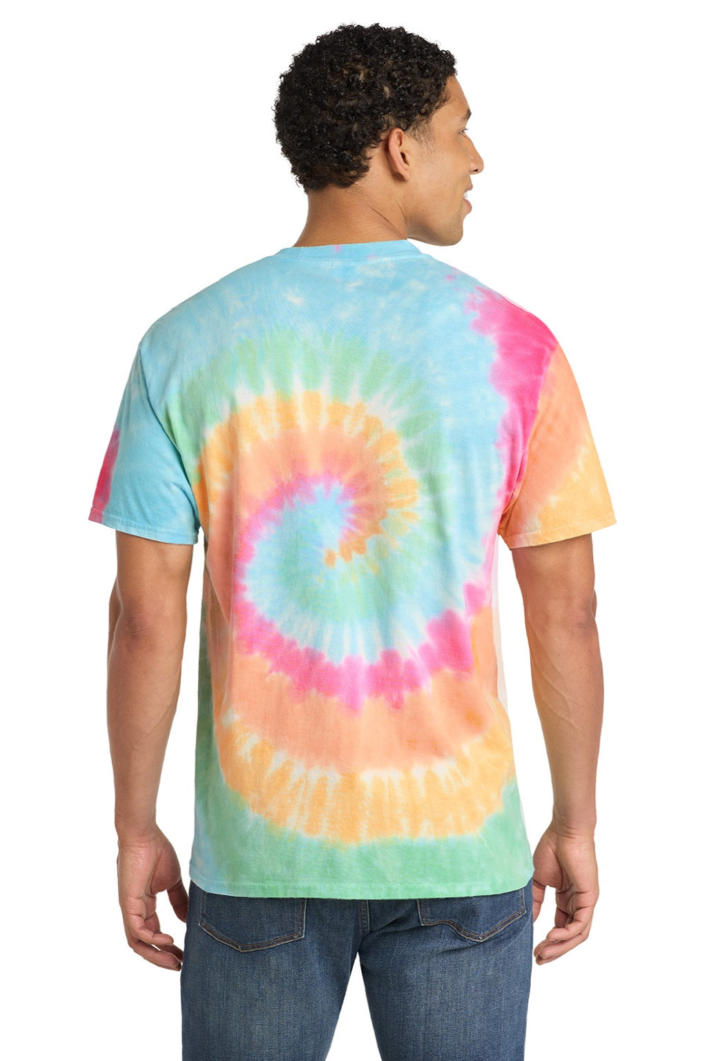 Port & Company PC147 Mens Tie-Dye Short Sleeve Crewneck T-Shirt Pastel Rainbow Model Back