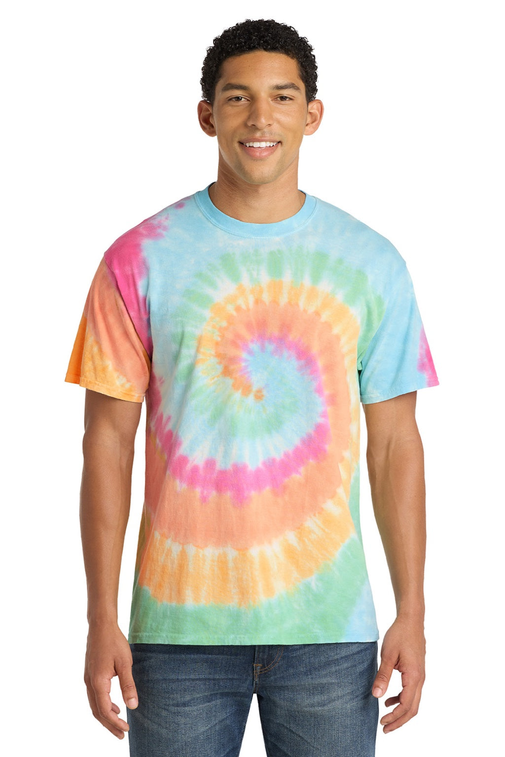 Port & Company PC147 Mens Tie-Dye Short Sleeve Crewneck T-Shirt Pastel Rainbow Model Front