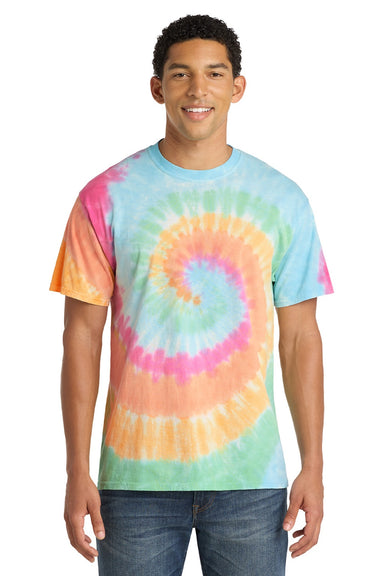Port & Company PC147 Mens Tie-Dye Short Sleeve Crewneck T-Shirt Pastel Rainbow Model Front