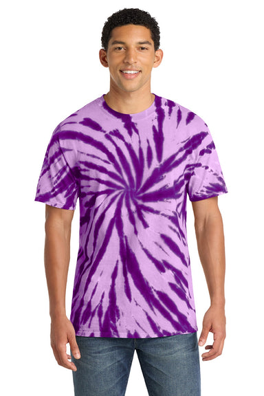 Port & Company PC147 Mens Tie-Dye Short Sleeve Crewneck T-Shirt Purple Model Front