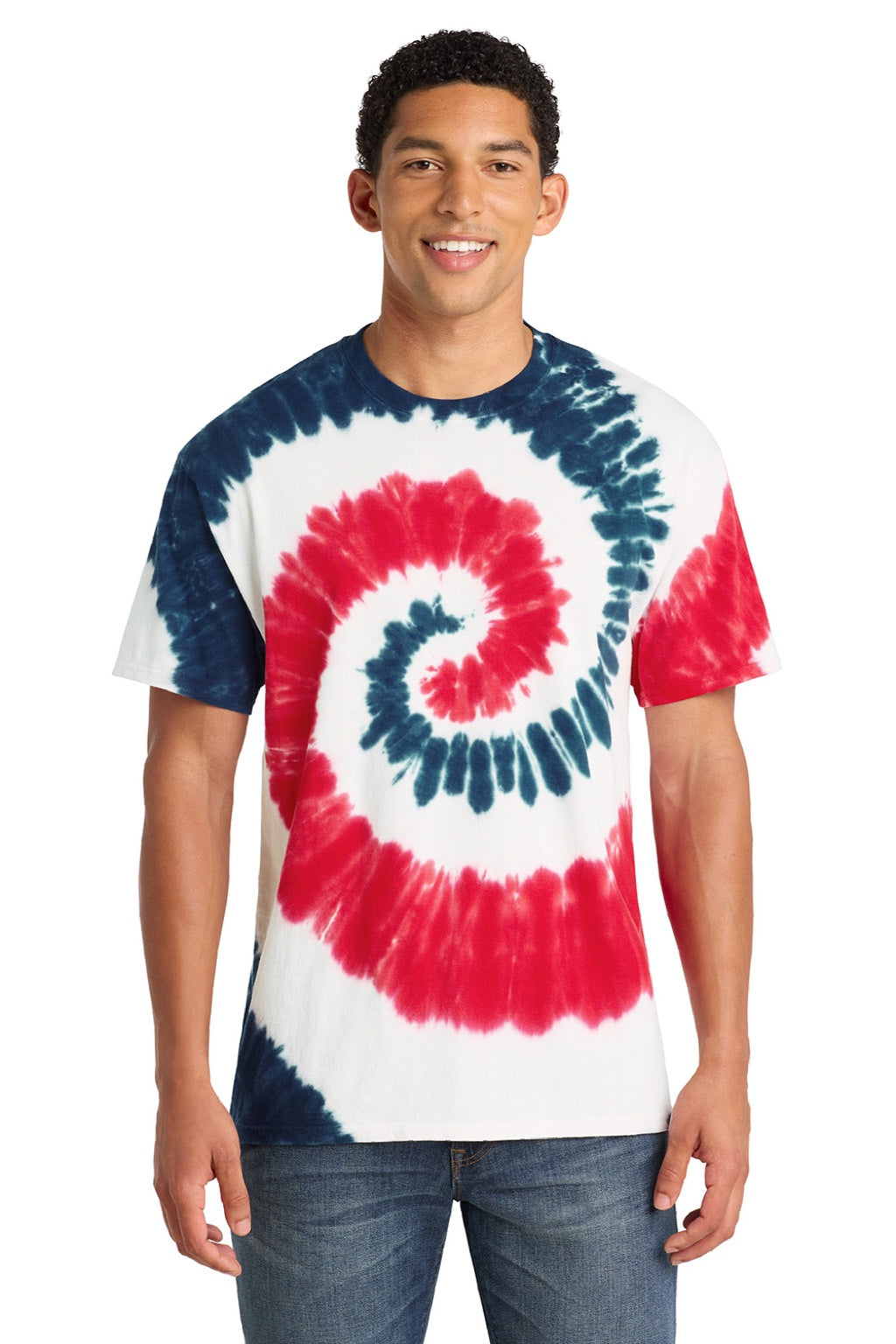Port & Company PC147 Mens Tie-Dye Short Sleeve Crewneck T-Shirt USA Rainbow Model Front