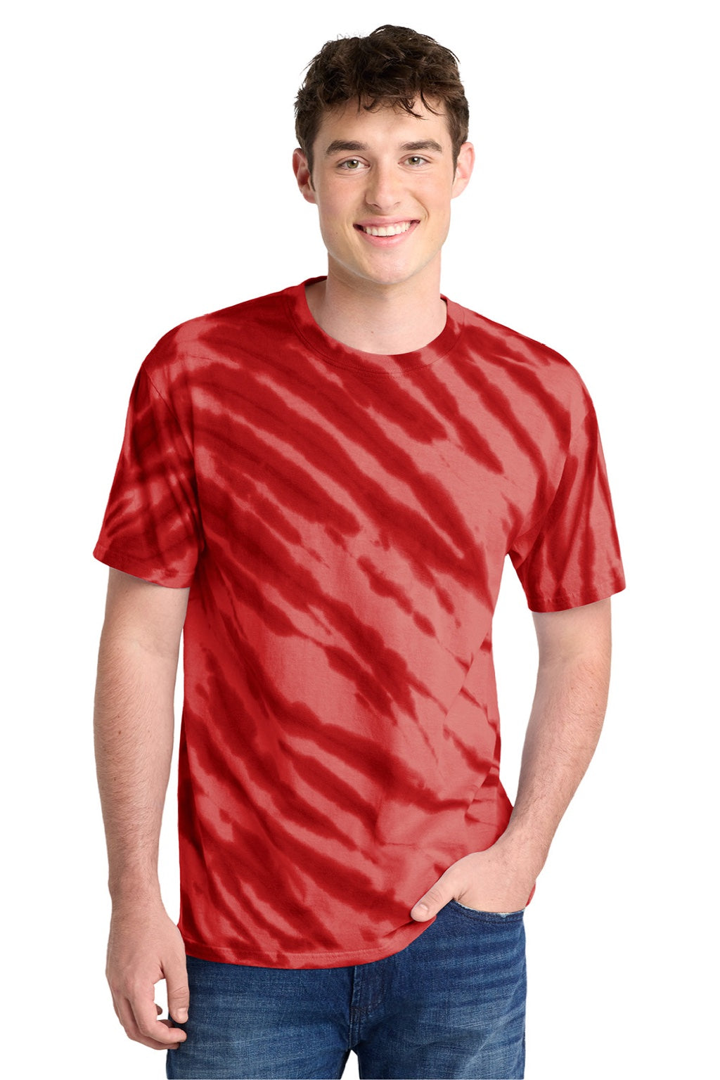 Port & Company PC148 Mens Tie-Dye Short Sleeve Crewneck T-Shirt Red Model Front