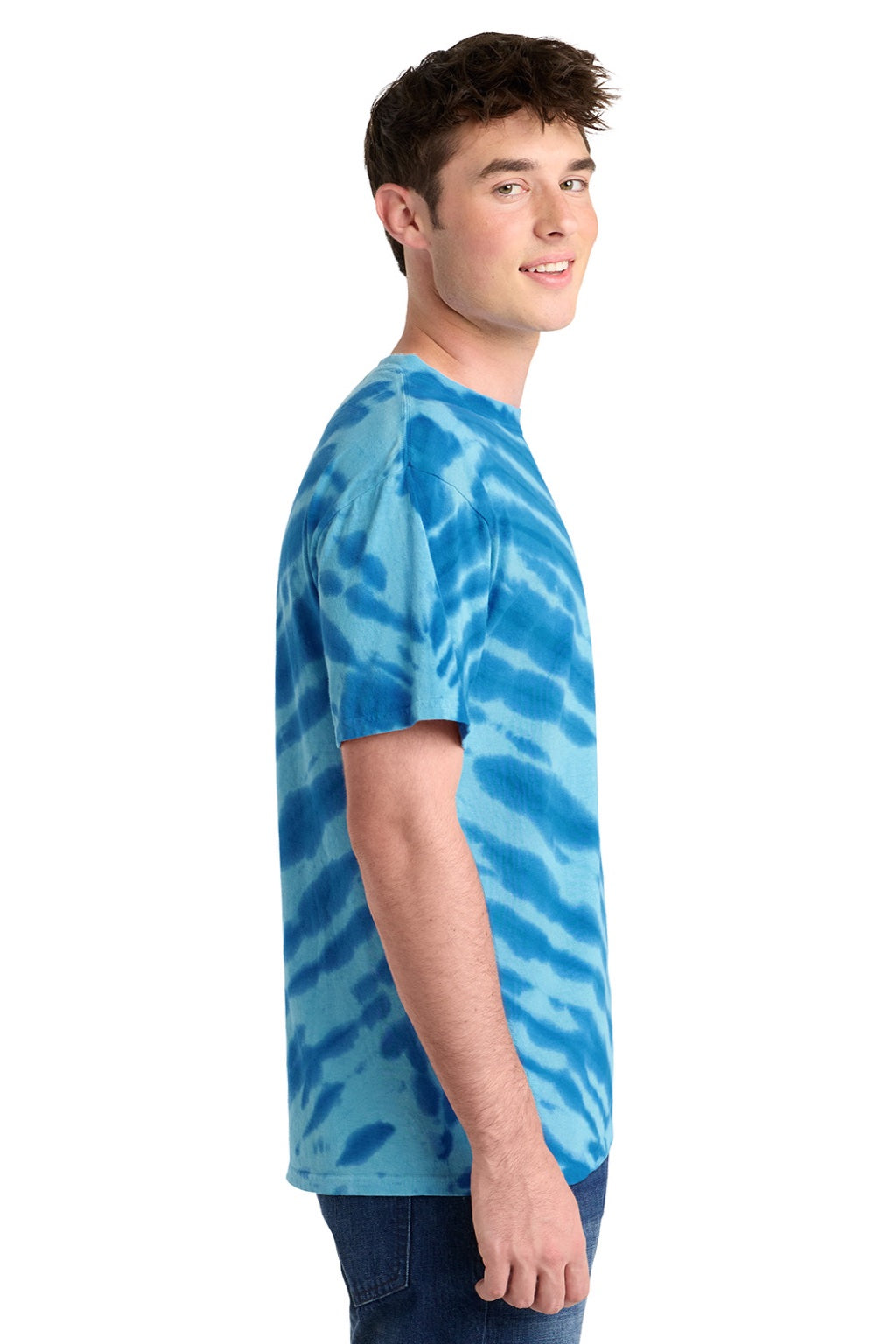 Port & Company PC148 Mens Tie-Dye Short Sleeve Crewneck T-Shirt Royal Blue Model Side