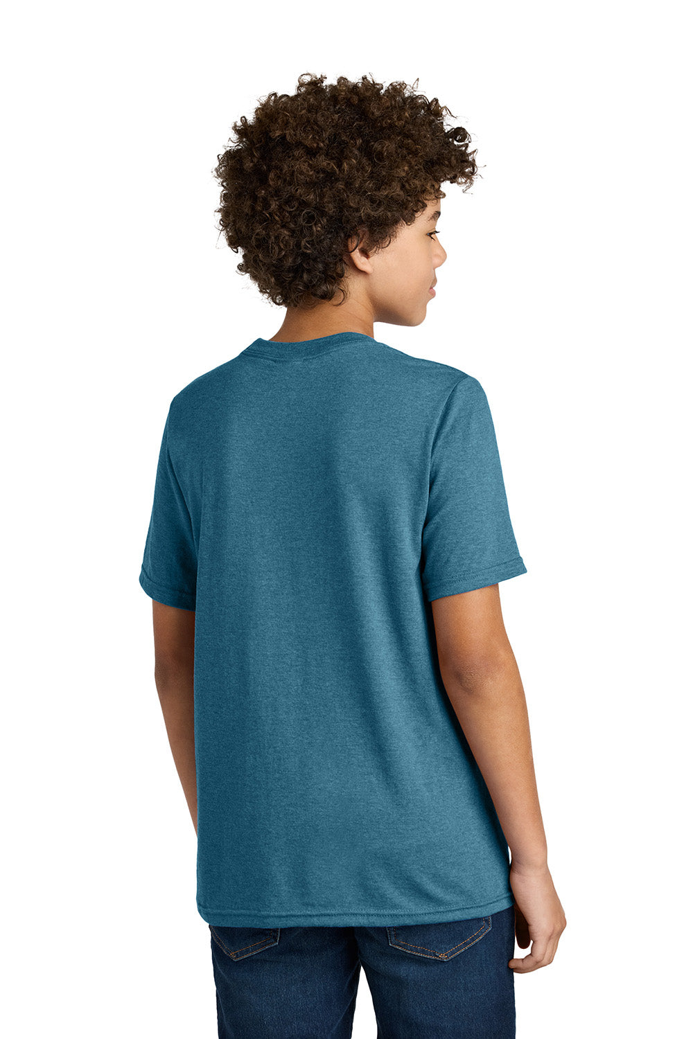 Port & Company PC340Y Youth CVC Short Sleeve Crewneck T-Shirt Heather Mountain Blue Model Back