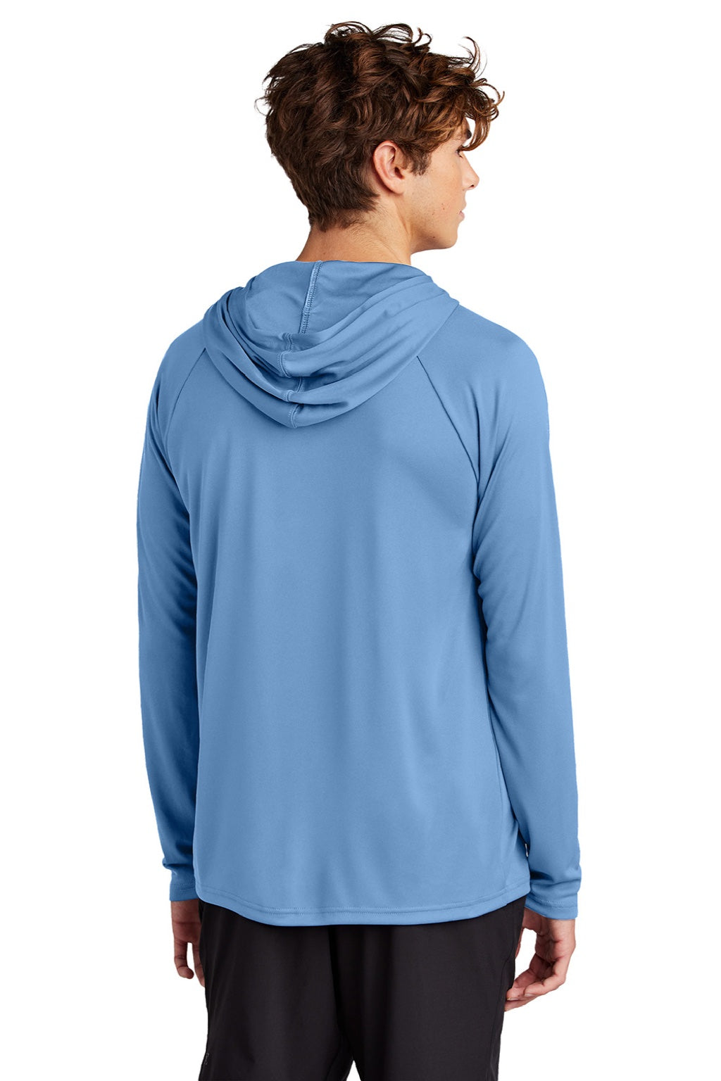 Port & Company PC380H Mens DryZone Performance Moisture Wicking Long Sleeve Hooded T-Shirt Hoodie Carolina Blue Model Back