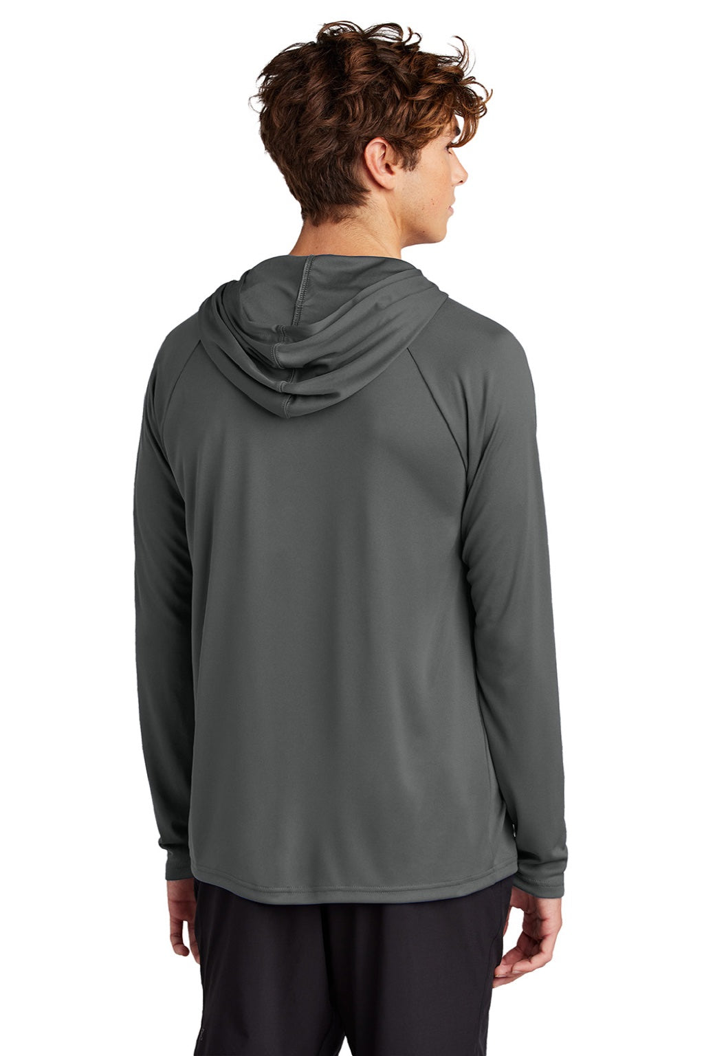 Port & Company PC380H Mens DryZone Performance Moisture Wicking Long Sleeve Hooded T-Shirt Hoodie Charcoal Grey Model Back