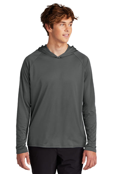 Port & Company PC380H Mens DryZone Performance Moisture Wicking Long Sleeve Hooded T-Shirt Hoodie Charcoal Grey Model Front