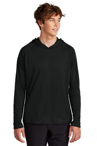 Port & Company PC380H Mens DryZone Performance Moisture Wicking Long Sleeve Hooded T-Shirt Hoodie Jet Black Model Front