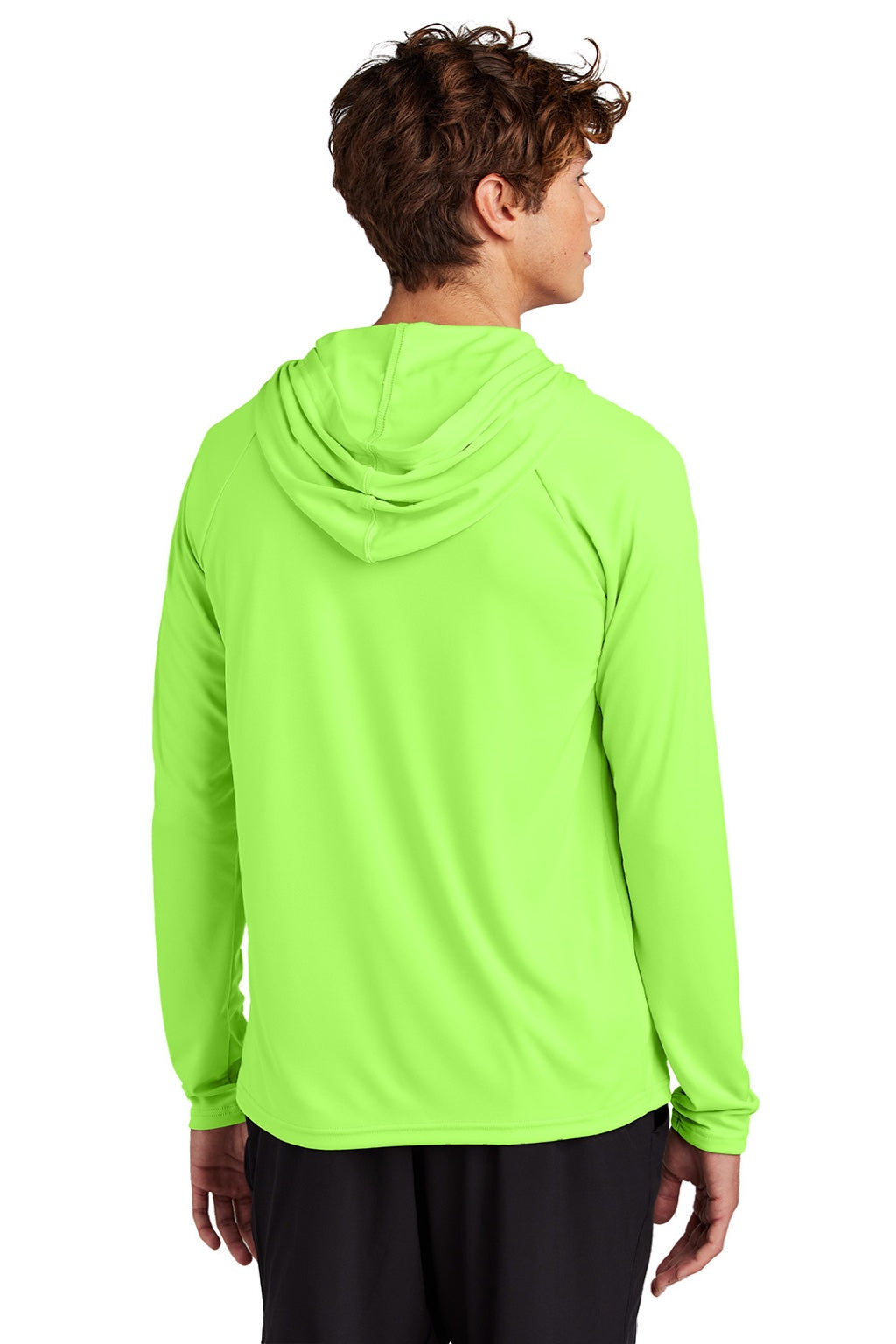 Port & Company PC380H Mens DryZone Performance Moisture Wicking Long Sleeve Hooded T-Shirt Hoodie Neon Green Model Back