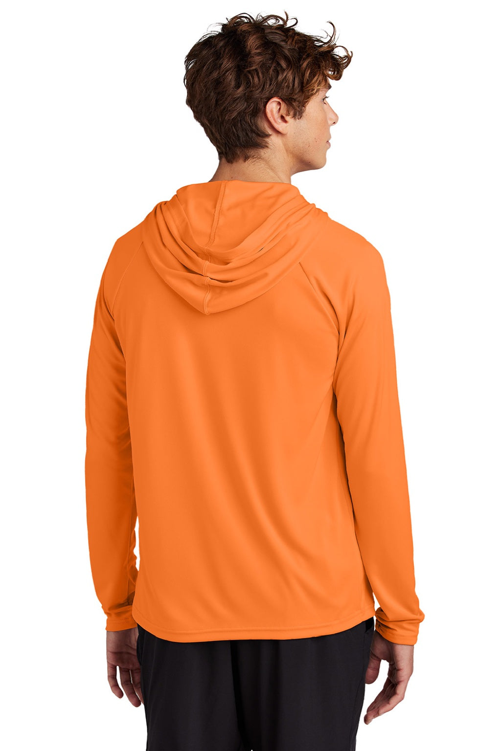 Port & Company PC380H Mens DryZone Performance Moisture Wicking Long Sleeve Hooded T-Shirt Hoodie Neon Orange Model Back