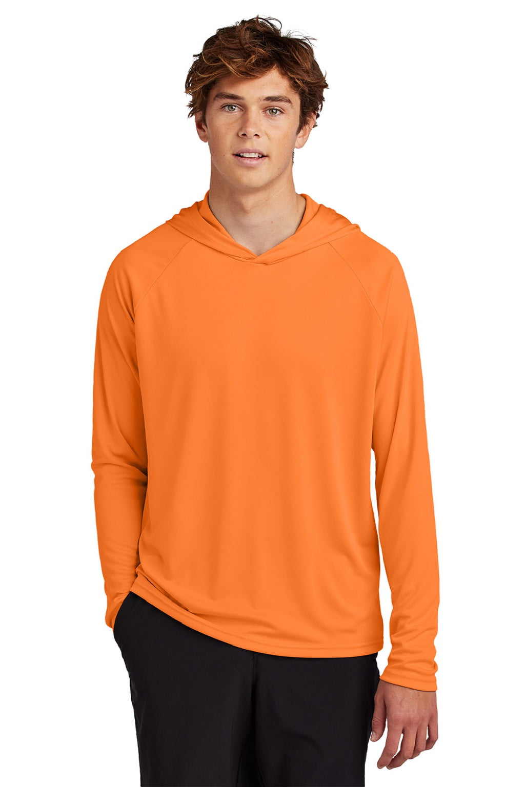 Port & Company PC380H Mens DryZone Performance Moisture Wicking Long Sleeve Hooded T-Shirt Hoodie Neon Orange Model Front