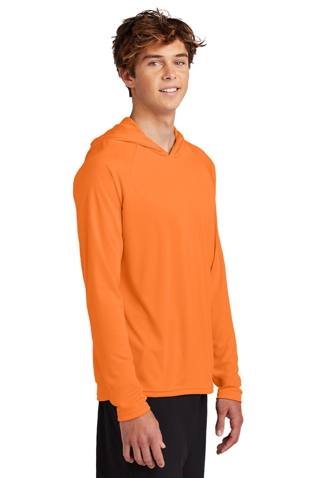 Port & Company PC380H Mens DryZone Performance Moisture Wicking Long Sleeve Hooded T-Shirt Hoodie Neon Orange Model Side