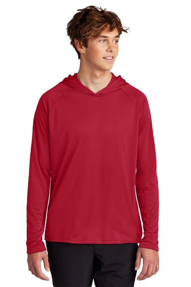 Port & Company PC380H Mens DryZone Performance Moisture Wicking Long Sleeve Hooded T-Shirt Hoodie Red Model Front