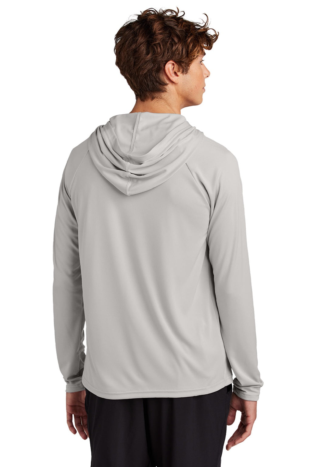 Port & Company PC380H Mens DryZone Performance Moisture Wicking Long Sleeve Hooded T-Shirt Hoodie Silver Grey Model Back