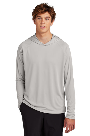 Port & Company PC380H Mens DryZone Performance Moisture Wicking Long Sleeve Hooded T-Shirt Hoodie Silver Grey Model Front