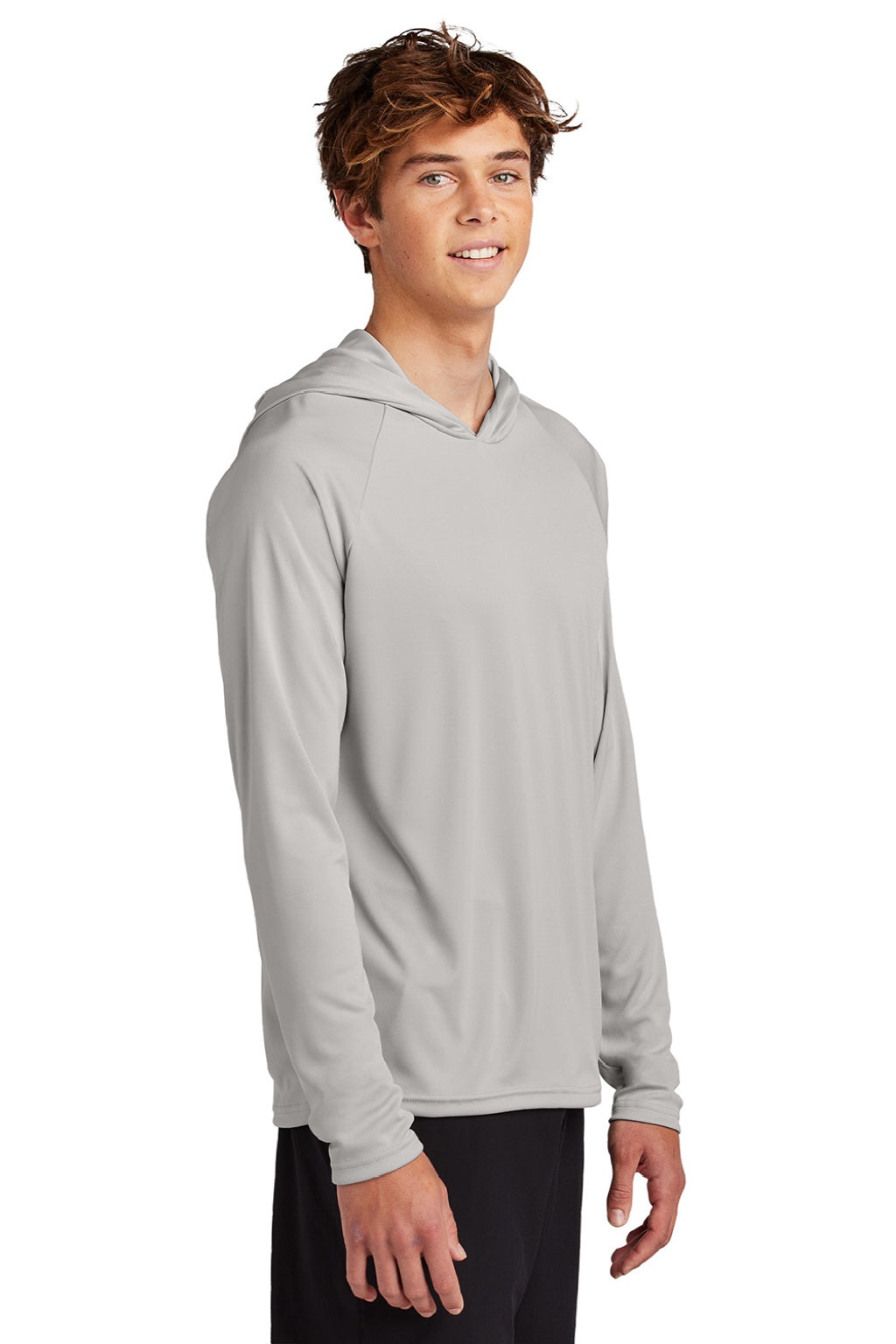 Port & Company PC380H Mens DryZone Performance Moisture Wicking Long Sleeve Hooded T-Shirt Hoodie Silver Grey Model Side
