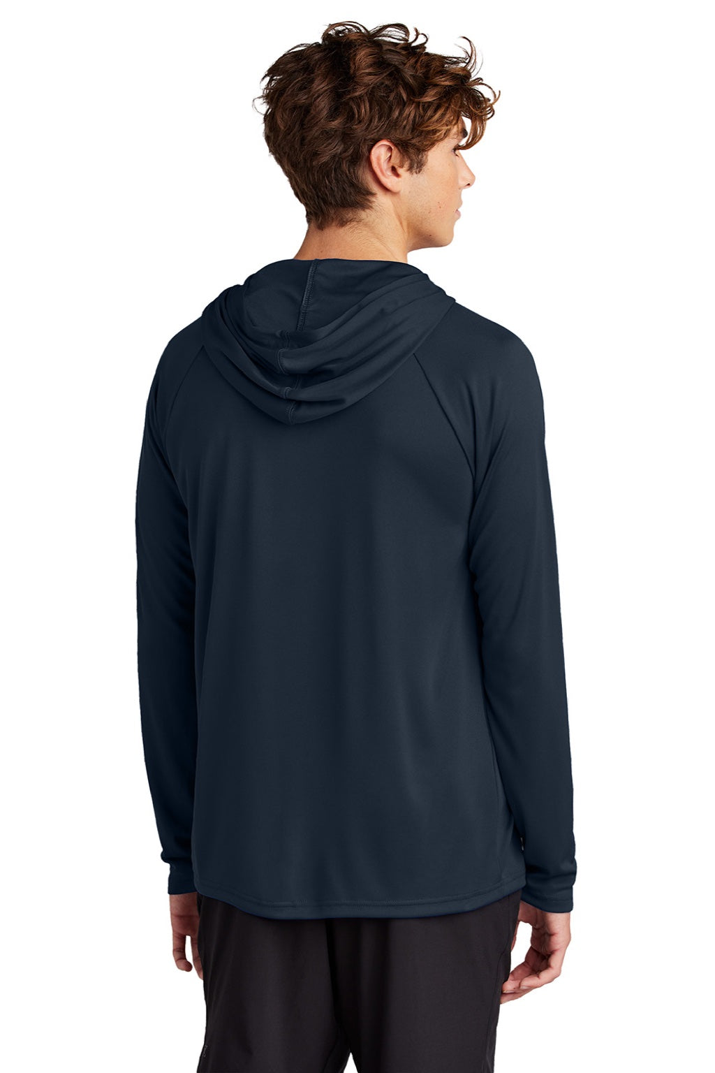 Port & Company PC380H Mens DryZone Performance Moisture Wicking Long Sleeve Hooded T-Shirt Hoodie True Navy Blue Model Back