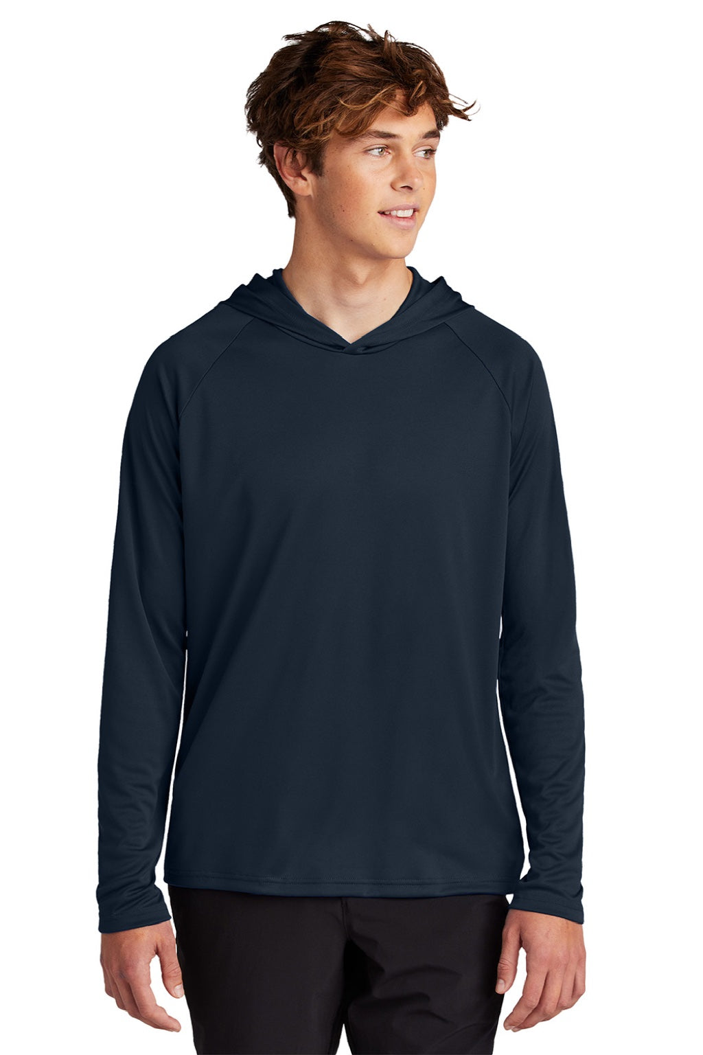Port & Company PC380H Mens DryZone Performance Moisture Wicking Long Sleeve Hooded T-Shirt Hoodie True Navy Blue Model Front