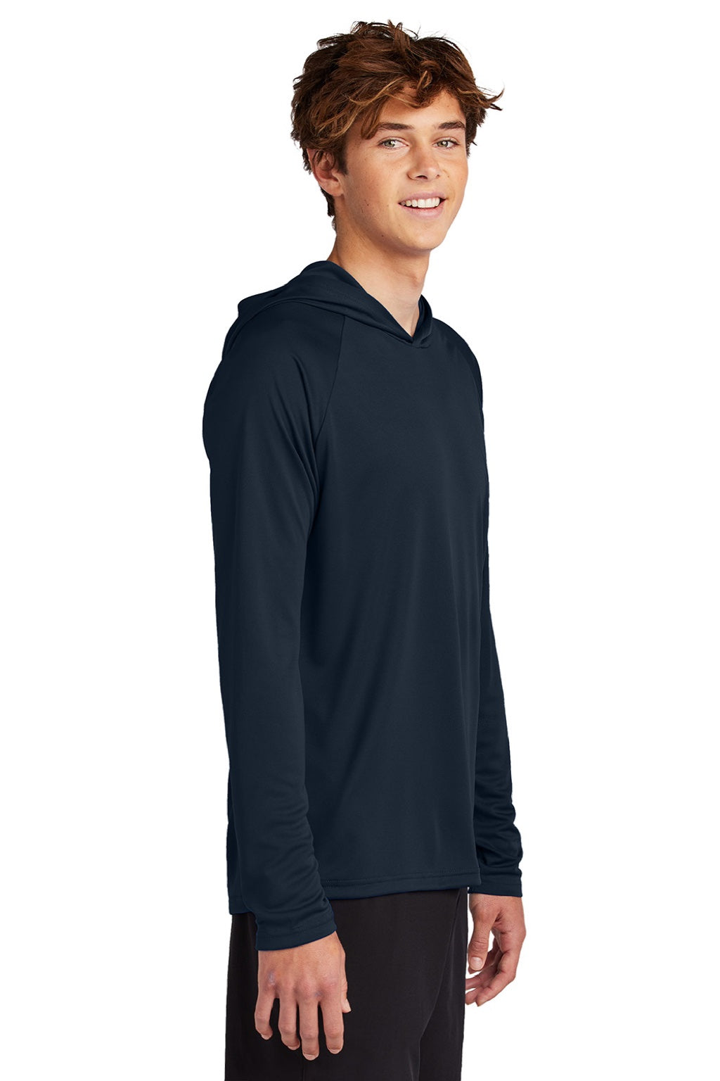 Port & Company PC380H Mens DryZone Performance Moisture Wicking Long Sleeve Hooded T-Shirt Hoodie True Navy Blue Model Side