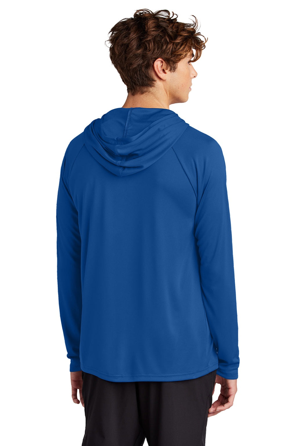 Port & Company PC380H Mens DryZone Performance Moisture Wicking Long Sleeve Hooded T-Shirt Hoodie True Royal Blue Model Back