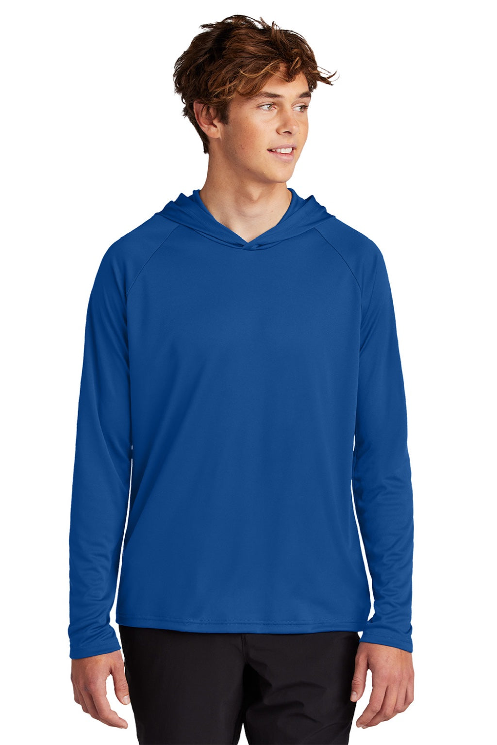 Port & Company PC380H Mens DryZone Performance Moisture Wicking Long Sleeve Hooded T-Shirt Hoodie True Royal Blue Model Front
