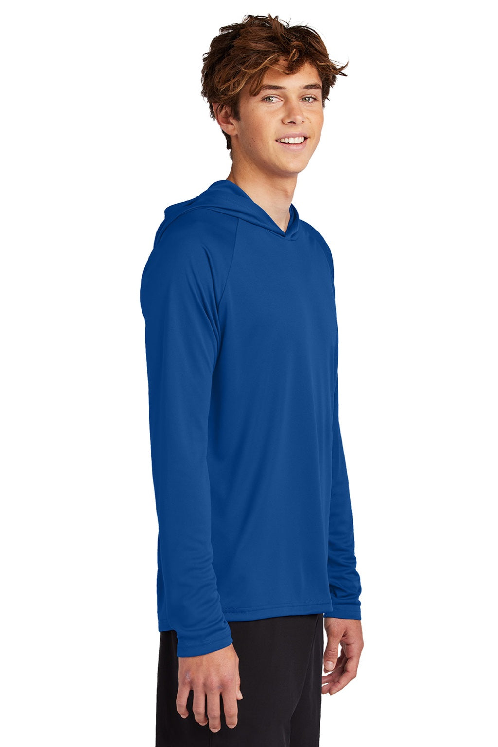 Port & Company PC380H Mens DryZone Performance Moisture Wicking Long Sleeve Hooded T-Shirt Hoodie True Royal Blue Model Side