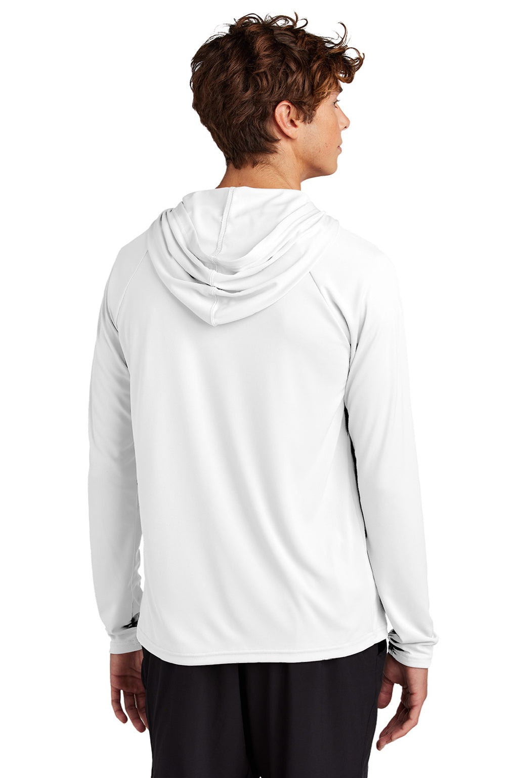 Port & Company PC380H Mens DryZone Performance Moisture Wicking Long Sleeve Hooded T-Shirt Hoodie White Model Back