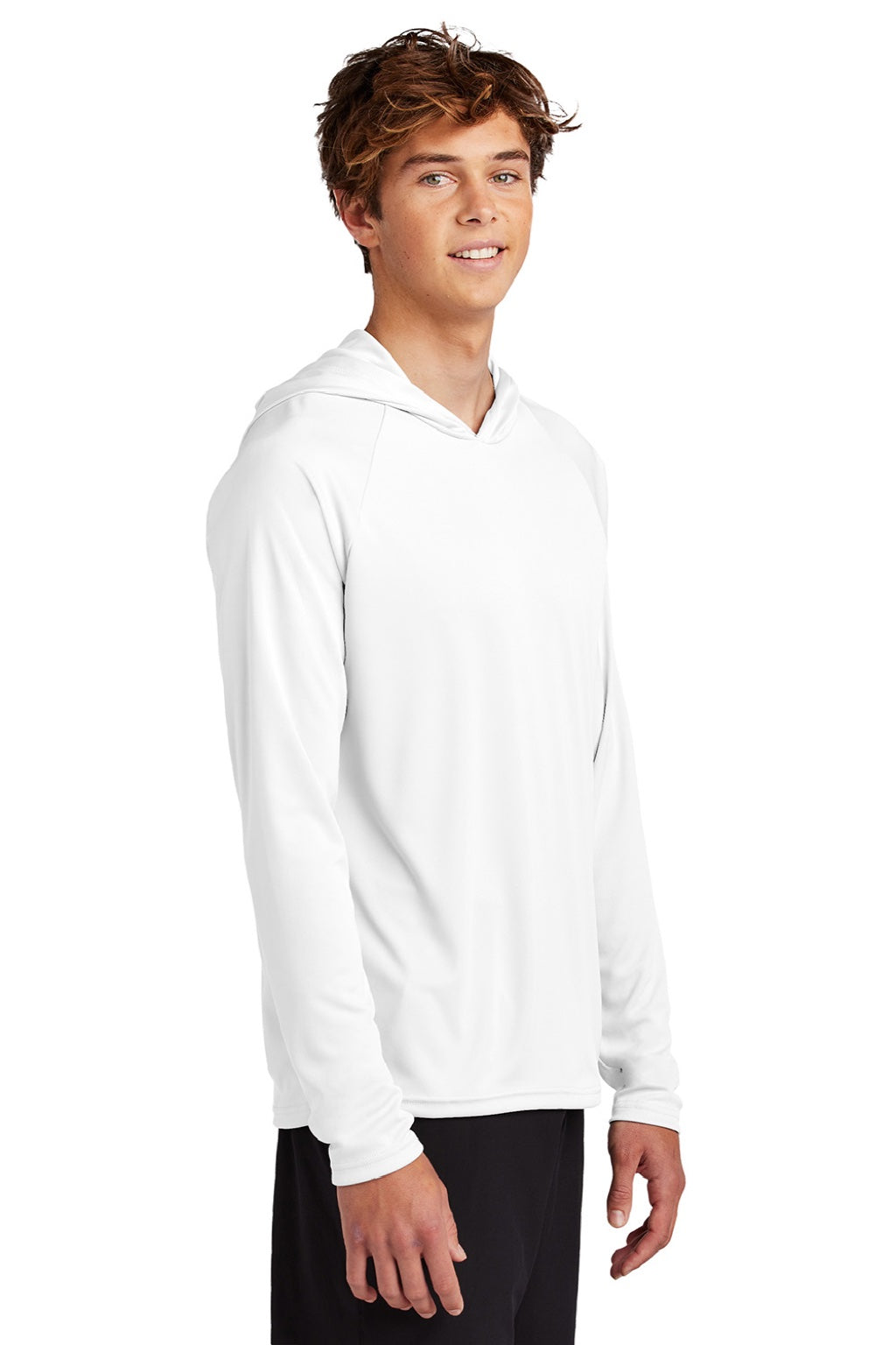 Port & Company PC380H Mens DryZone Performance Moisture Wicking Long Sleeve Hooded T-Shirt Hoodie White Model Side